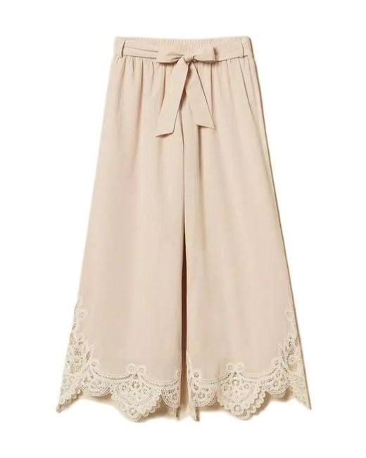 Twinset Natural Lace-Trim Belted Trousers