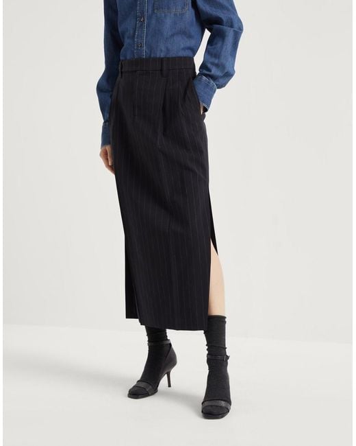 Brunello Cucinelli Blue Pinstripe Tailored Midi Skirt