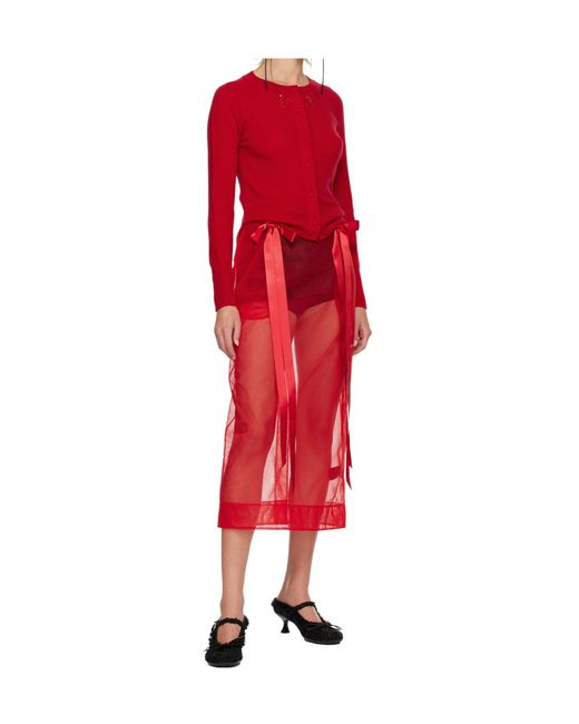 Simone Rocha Red Sheer Bow Ribbon Pencil Midi Skirt