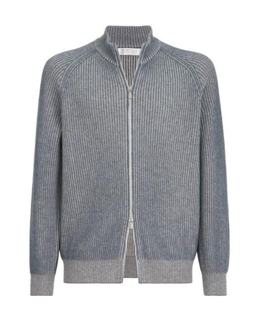 Brunello Cucinelli Gray Cashmere Vanisé English Rib High-Neck Cardigan With Zipper for men