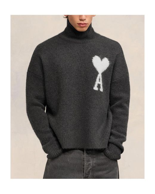 AMI Black Ami De Coeur High Neck Knitted Jumper for men