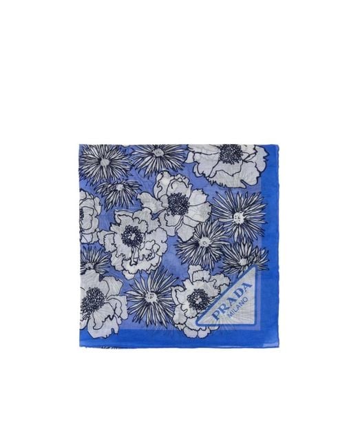 Prada Blue Floral-Print Cotton Scarf