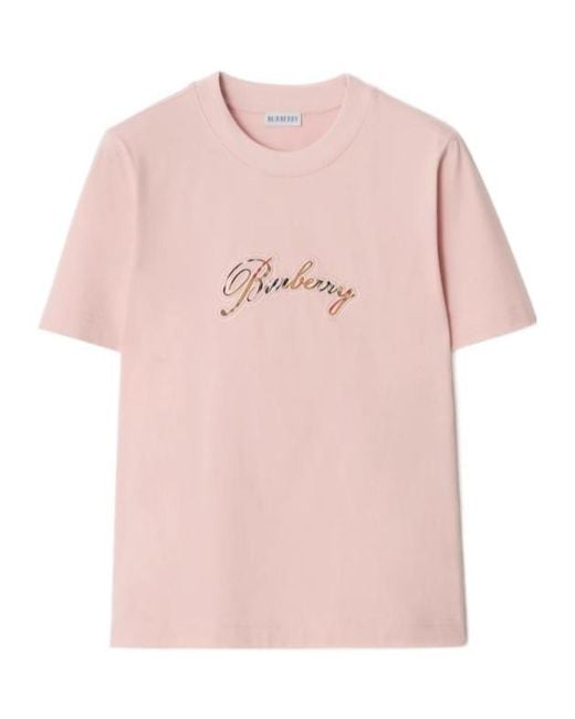 Burberry Pink Logo Checked Crewneck T-Shirt