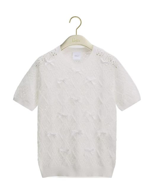 Dior White Iviera Embroidered Short-Sleeved Sweater