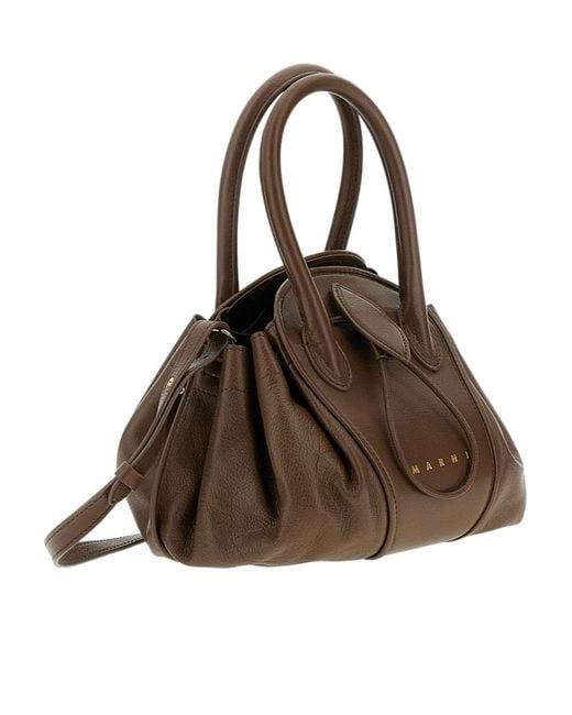 Marni Brown Logo Stamped Tulipea Small Handbag