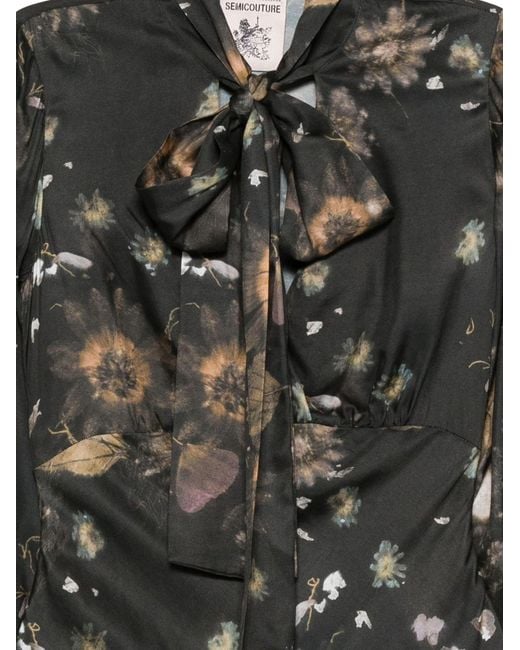 Semicouture Black Tie-Detail Floral-Print Midi Dress