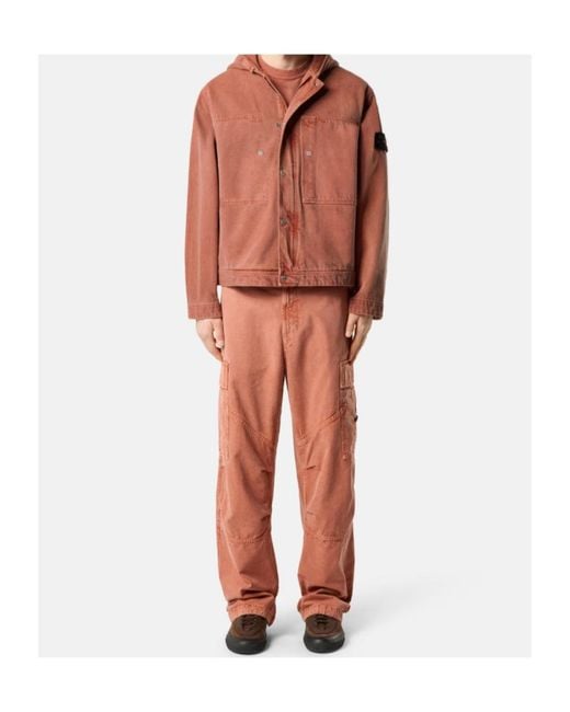 Stone Island Red Hooded Jacket With Multiple Pockets for men