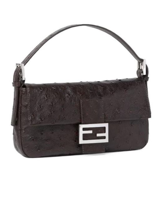 Fendi Black Baguette 26424 Dark Ostrich Leather Bag