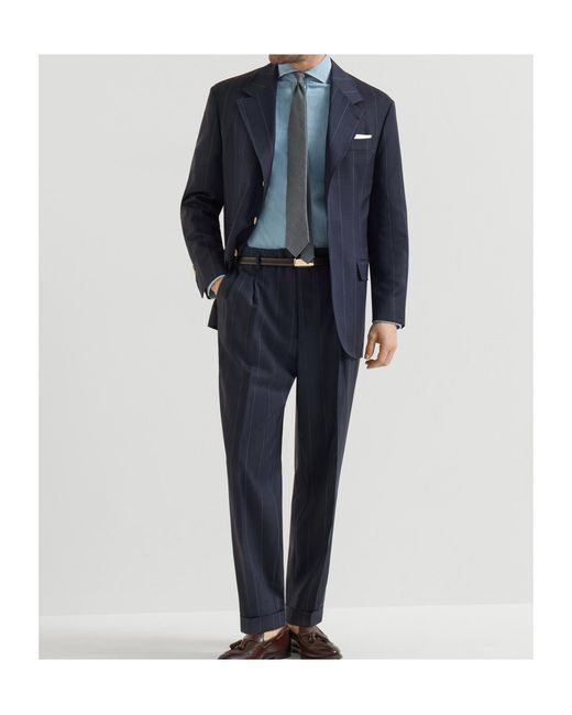 Brunello Cucinelli Blue Virgin Wool Chalk Stripe Tailor Blazer for men