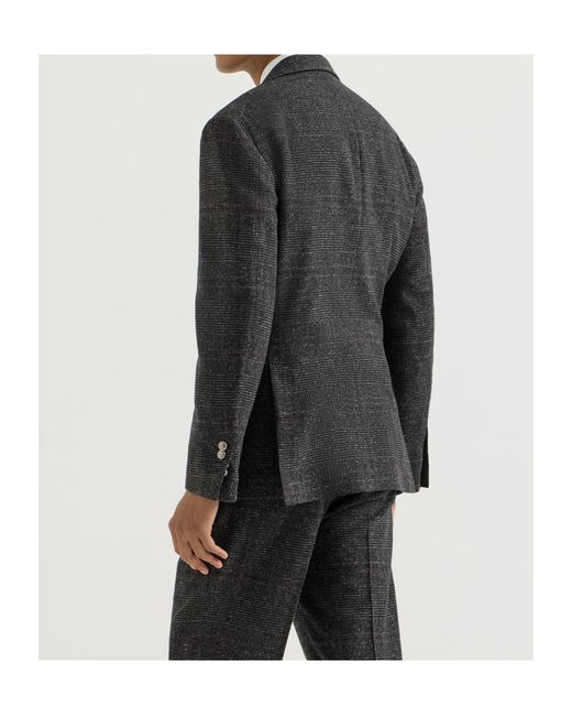 Brunello Cucinelli Black Silk, Wool And Cashmere Prince Of Wales Flannel Deconstructed Blazer for men
