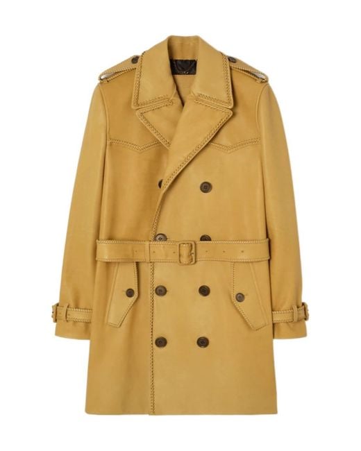Burberry Yellow Mid-Length Leather Leverton Trench Coat for men