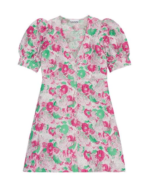 Ganni Pink Floral Printed V-Neck Mini Dress