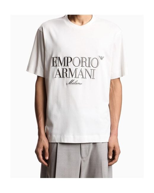 Emporio Armani White Logo Embroidered Crewneck T-Shirt for men