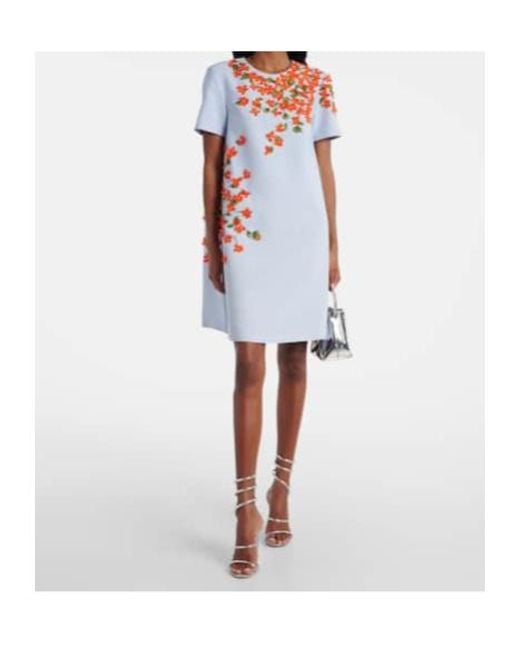 Carolina Herrera Blue Floral-Appliqué Crêpe Shift Dress