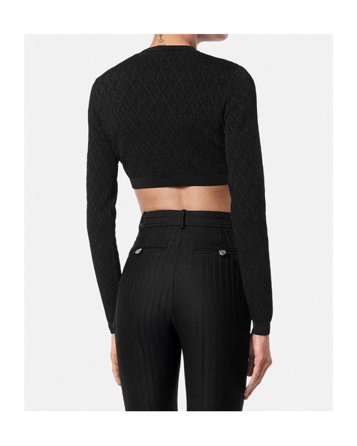 Versace Black Jacquard Stretch Viscose Knit Crop Cardigan