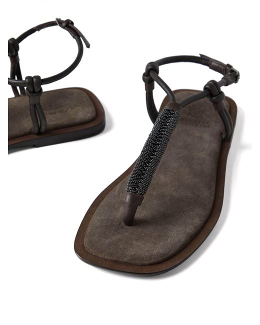 Brunello Cucinelli Brown Embellished Strap Flip-Flops