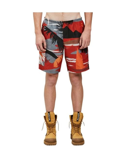 Palm Angels Red Hawaii-Print Swim Shorts for men