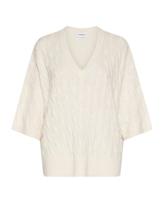Marella White V-Neck Knit Sweater