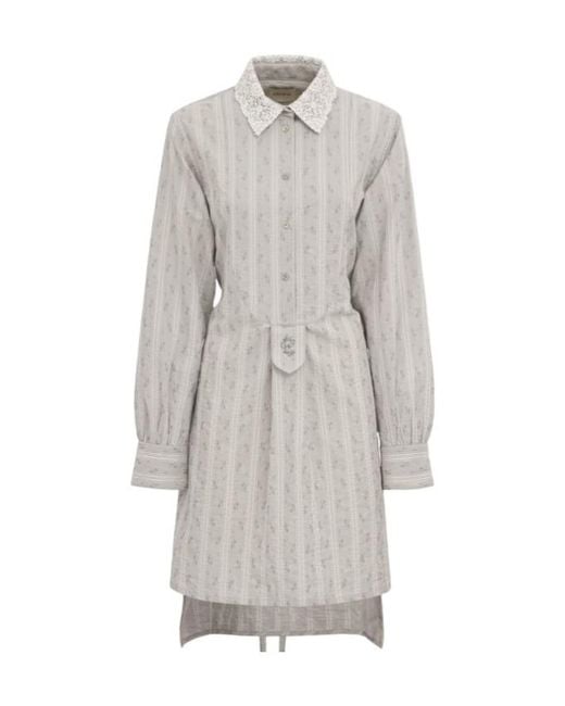 Erdem Gray Ditsy Striped Cotton Long Sleeve Dress