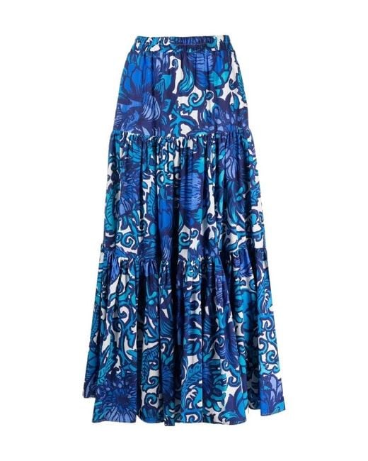 LaDoubleJ Blue Graphic-Print Tiered Cotton Skirt