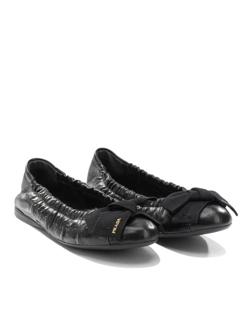 Prada Black Bow-Detail Wrinkled-Effect Ballet Flats