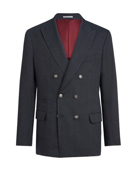 Brunello Cucinelli Blue Chevron Double-Breasted Blazer for men