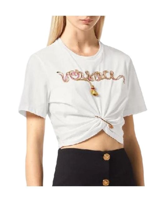 Versace White Logo Embellished Safty-Pin T-Shirt