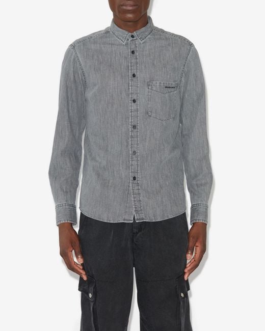 Isabel Marant Gray Lako Embroidered-Logo Denim Shirt for men