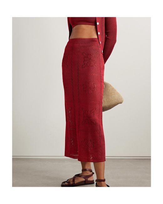 Calle Del Mar Red Pointelle-Knit Midi Skirt