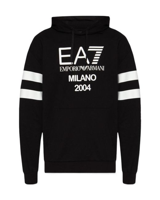 EA7 Black Logo-Print Cotton Hoodie for men