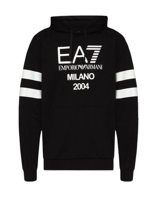 EA7 Black Logo-Print Cotton Hoodie for men