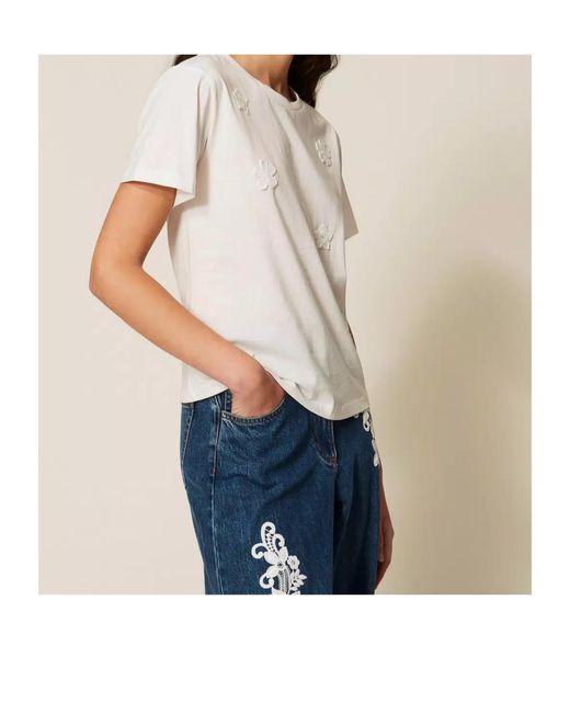 Twinset White Floral-Appliqué T-Shirt