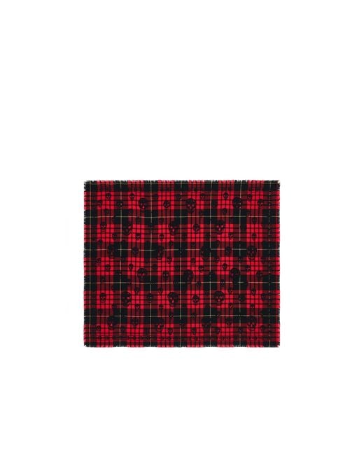 McQueen Red Tartan Skull Frayed-Edge Scarf for men