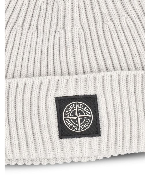 Stone Island White Turn-Up Knit Hat for men
