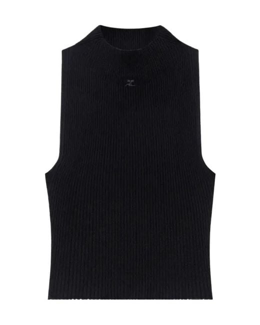 Courreges Black Courrèges Mock-Neck Cropped Ribbed Tank Top