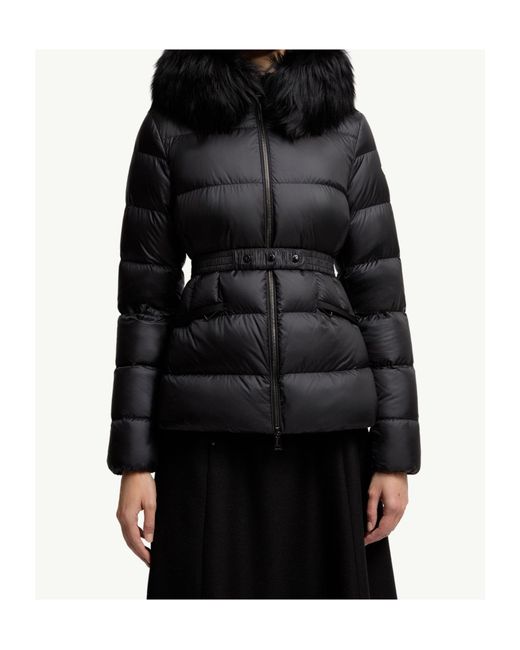 Moncler Black Boed Hooded Shearling-Trimmed Short Down Jacket