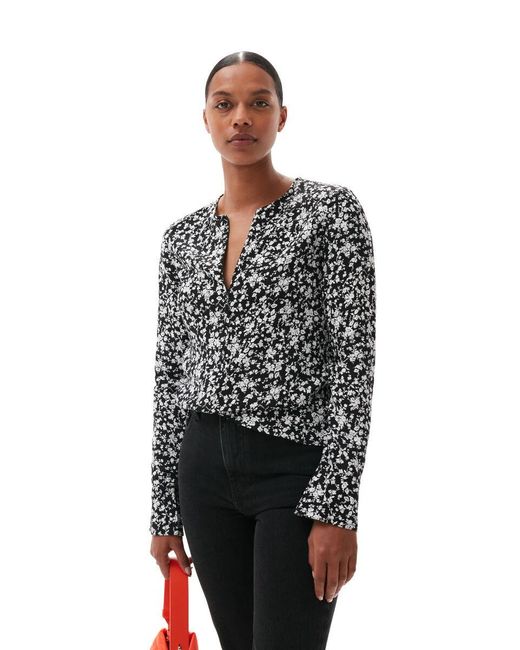 Ganni Gray Printed Crepe O-Neck Blouse
