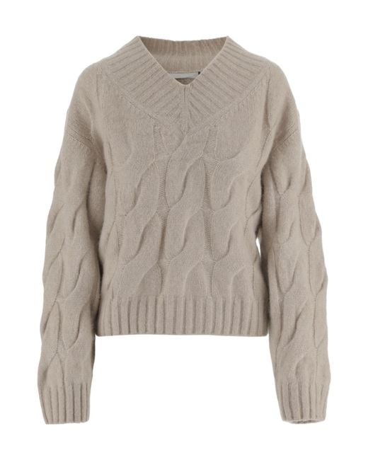 Allude Gray Cable-Knit V-Neck Knitted Sweater
