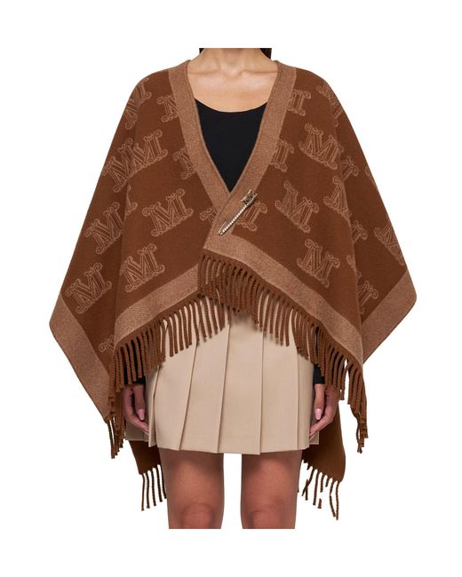 Max Mara Brown Studio All-Over Logo Patterned Fringed Edge Cape