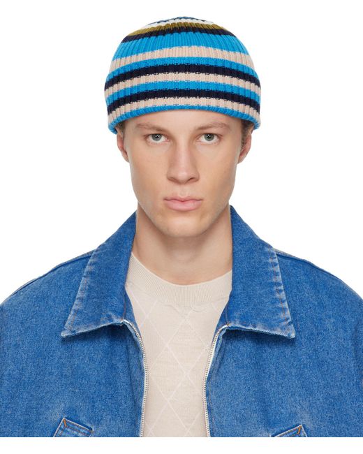 Marni Blue Logo Embroidered Striped Ribbed Beanie for men