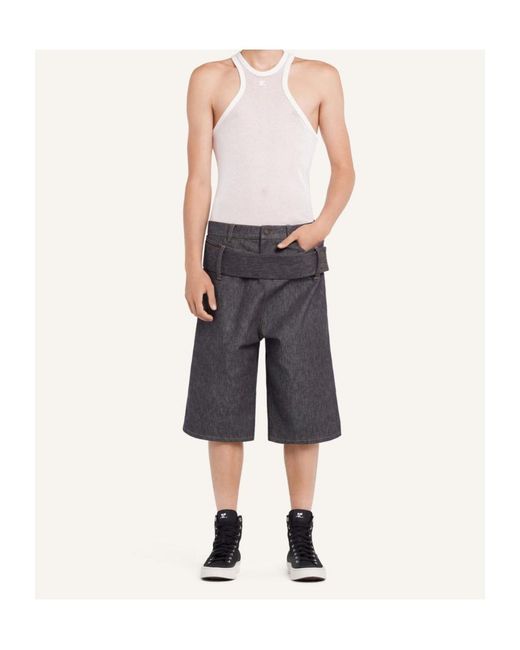 Courreges Gray Double-Belted Denim Shorts for men