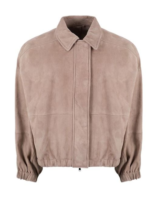 Brunello Cucinelli Brown Collared Long-Sleeved Leather Jacket
