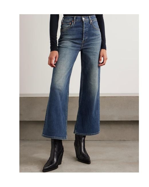 Re/done Blue Cropped High-Rise Wide-Leg Jeans