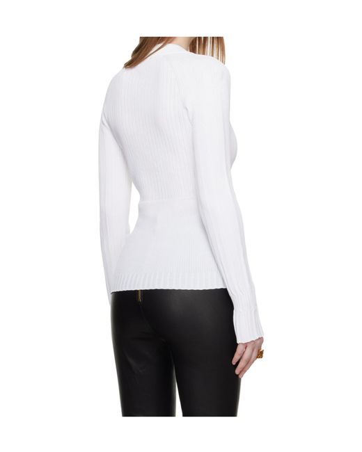 Balmain White Button-Down V-Neck Knit Sweater