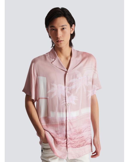 Balmain Pink Twill Palm Tree Print Shirt for men