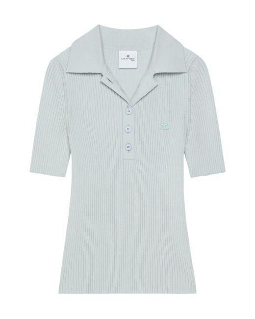 Courreges Blue Ribbed Short-Sleeve Polo Top
