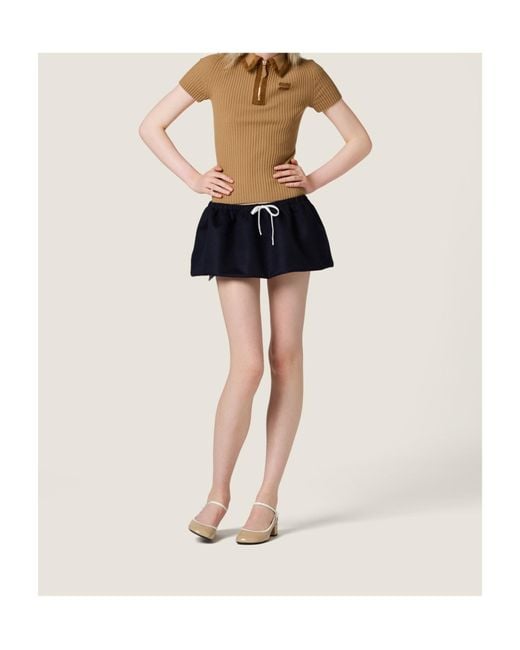 Miu Miu Brown Cashmere-Blend Suede-Trim Ribbed Polo Shirt