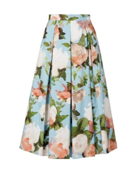 Erdem Green Floral Pleated Cotton Midi Skirt