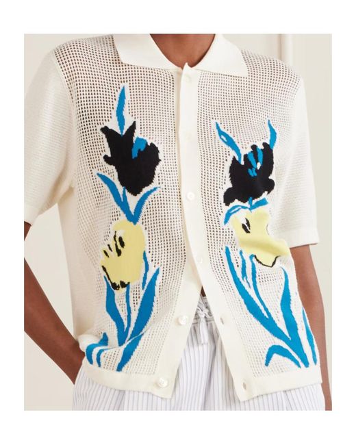 Marni Blue Floral-Intarsia Mesh Cardigan