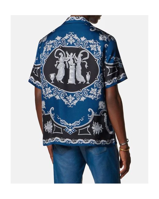 Versace Blue Baroque Printed Short-Sleeved Shirt for men